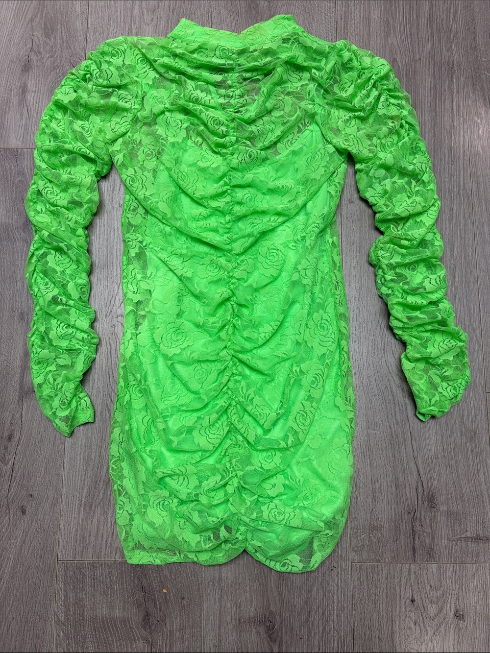 Neon Green Lace Ruched Long Sleeve Dress